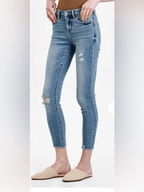 Dear John Giselle Denim Skinny Jeans in Medium Blue with Knee Distress